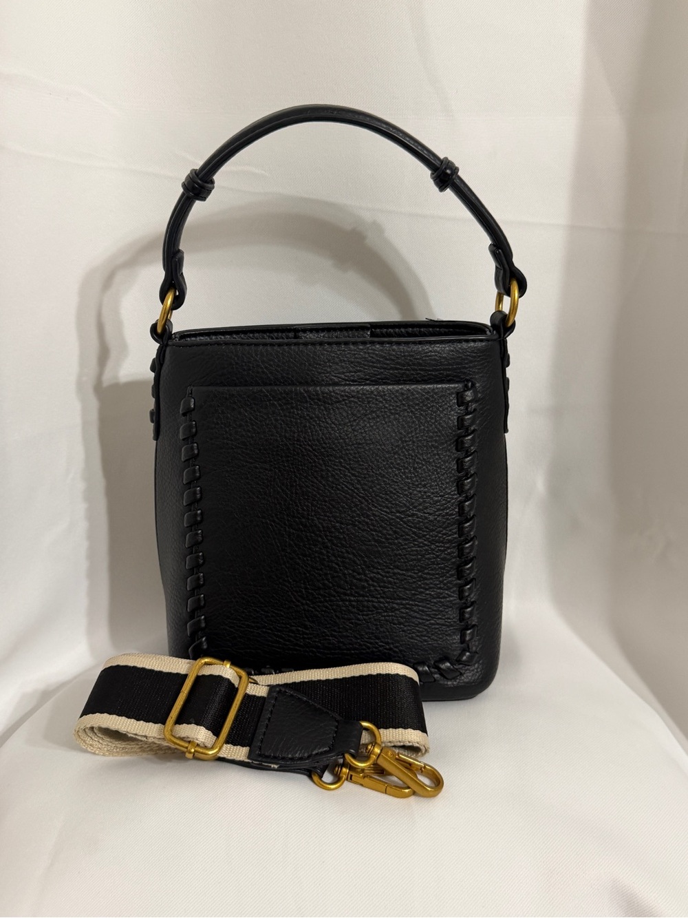 Style & Co. Black Leather Top-Handle Crossbody with Striped Strap